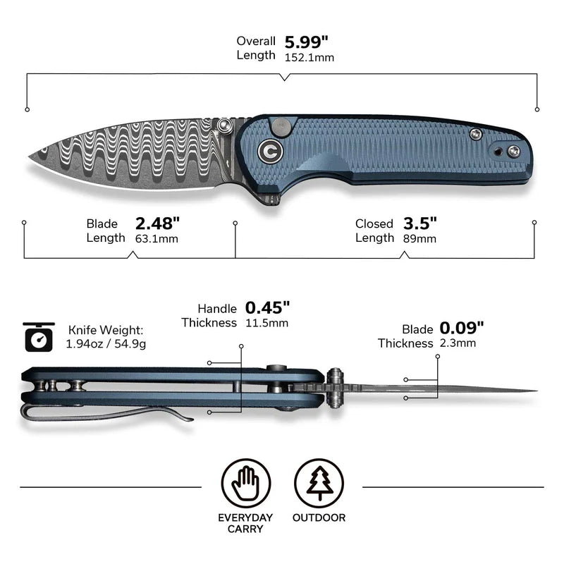CIVIVI Mini Shakan Blue Aluminum Handle Damascus Blade 2.48"