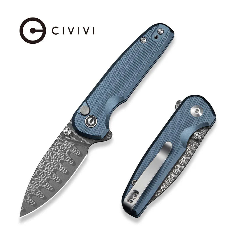 CIVIVI Mini Shakan Blue Aluminum Handle Damascus Blade 2.48"