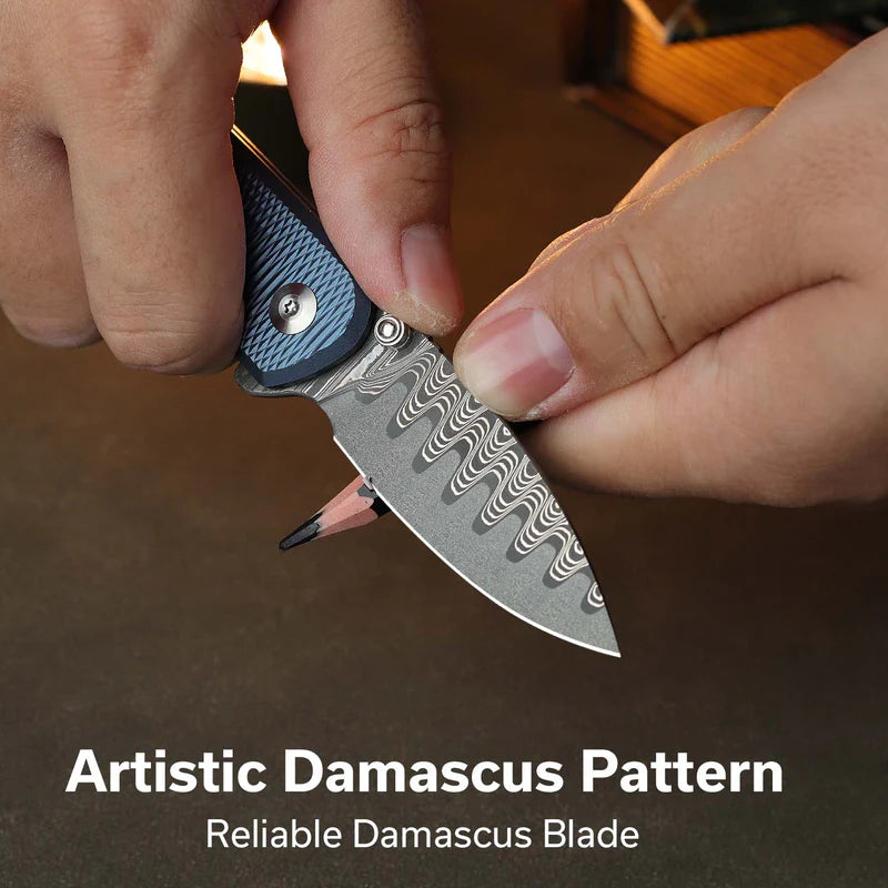 CIVIVI Mini Shakan Blue Aluminum Handle Damascus Blade 2.48"