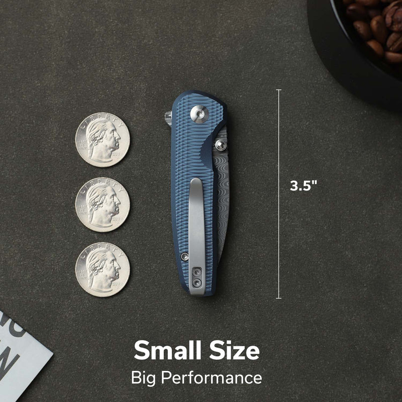 CIVIVI Mini Shakan Blue Aluminum Handle Damascus Blade 2.48"