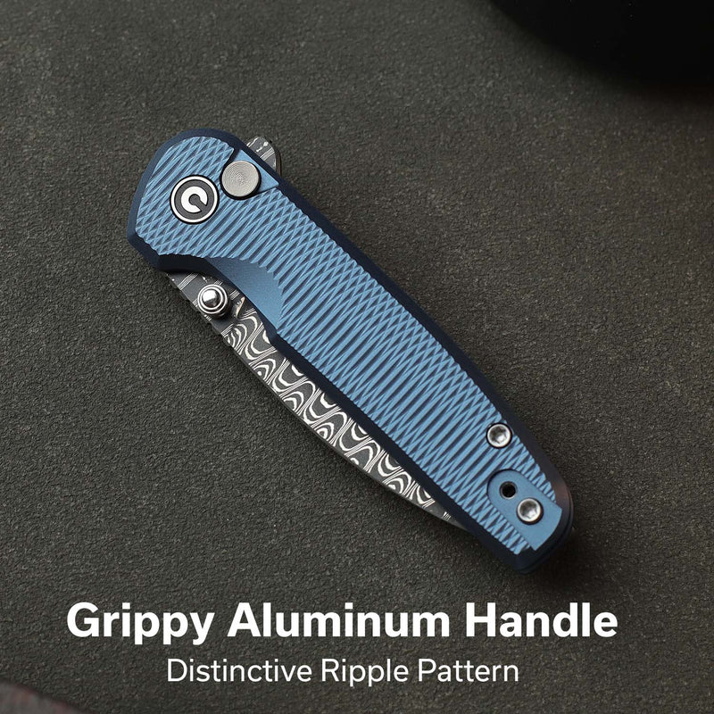 CIVIVI Mini Shakan Blue Aluminum Handle Damascus Blade 2.48"