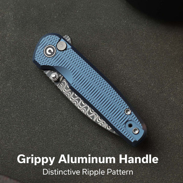 CIVIVI Mini Shakan Blue Aluminum Handle Damascus Blade 2.48