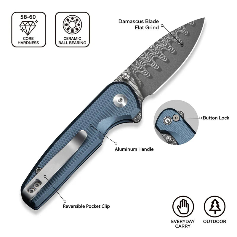 CIVIVI Mini Shakan Blue Aluminum Handle Damascus Blade 2.48"