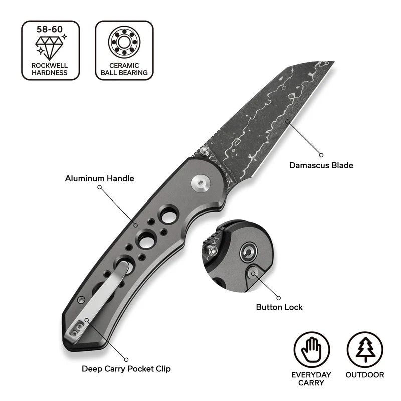 CIVIVI Pragma Prime Gray Aluminum Handle Damascus Blade 3.49"