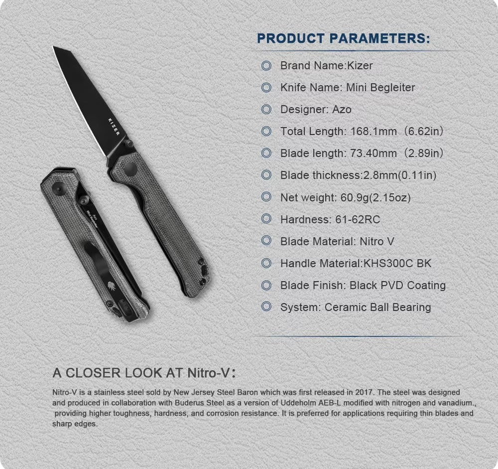 KIZER Begleiter Nitro-V Micarta Black/Steel Liner 2.9"