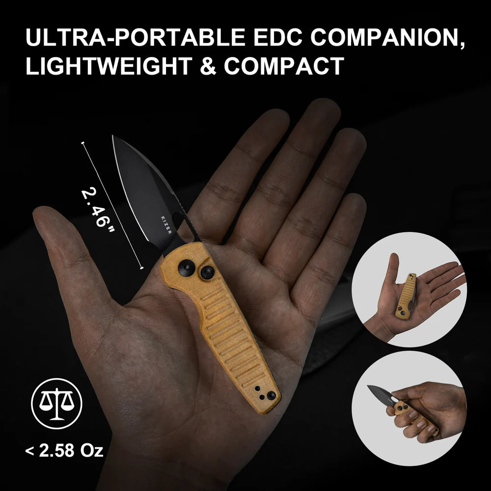 KIZER Parakeet Nitro-V Blade Micarta Handle Button Liner Lock 2.46"