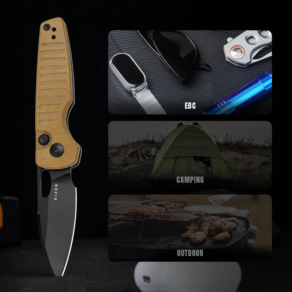 KIZER Parakeet Nitro-V Blade Micarta Handle Button Liner Lock 2.46"