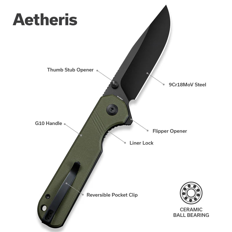 SENCUT Aetheris OD Green G10 Handle Black 9Cr18MoV Blade 3.68"