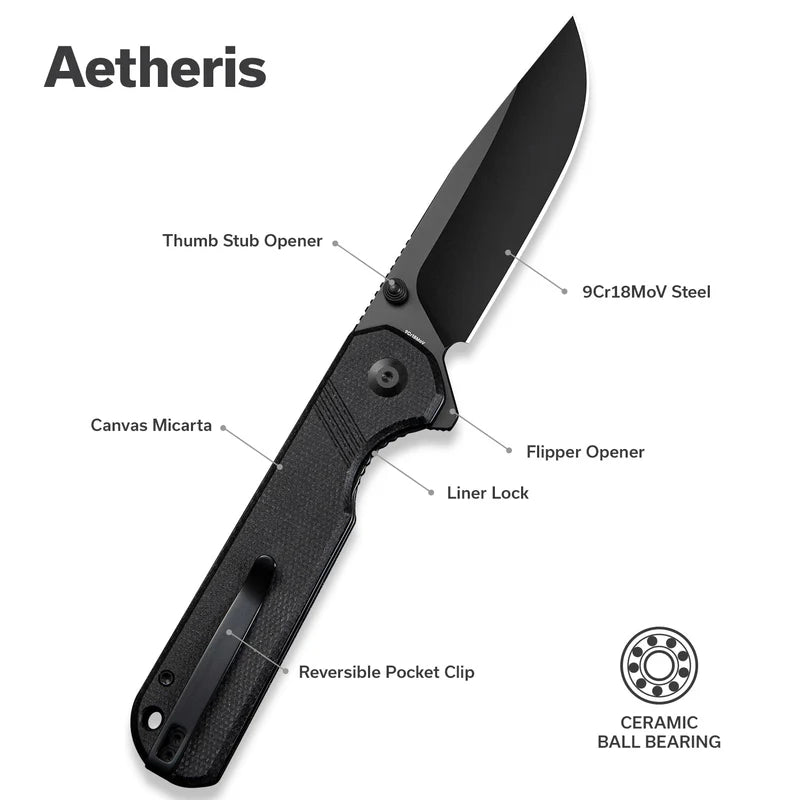 SENCUT Aetheris Black Canvas Micarta Handle Black9Cr18MoV Blade 3.68"
